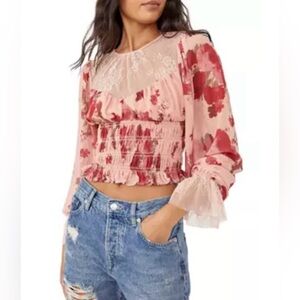 NWT Free People Daphne Romantic Floral Lace Smocked Long Sleeve Blouse Medium ❤️